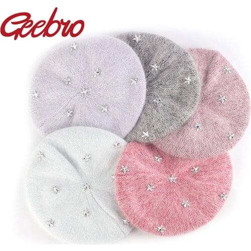 Geebro Women Star Angora rabbit Beret hat Beanies Soft Oversize Slouch hats Ladies Female Bonnet Winter Warm Fashion caps