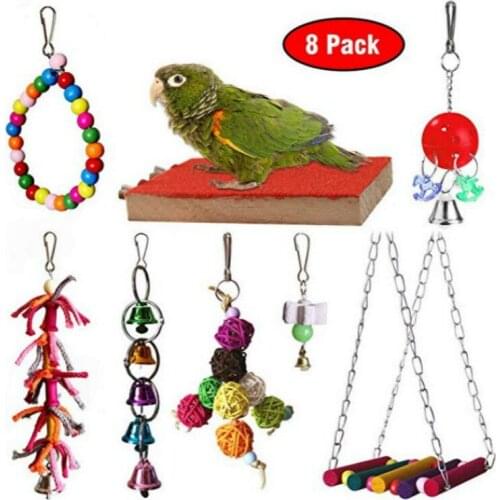 Parrot Bite Toy Pet Bird Scrub Springboard Swing Ring Bell String 8-Piece Set