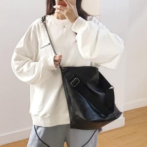 Fashion Black Soft Shoulder Bags Women Casual High Capacity Tote Bags Chains Strap Student Crossbody School Bag