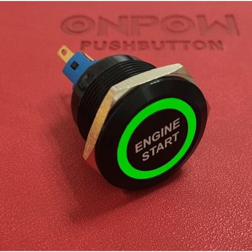 ONPOW 22mm 1NO1NC black momentary ring illuminated pushbutton switch with ENGINE START symbol GQ22-11E/G/12V/A-ES