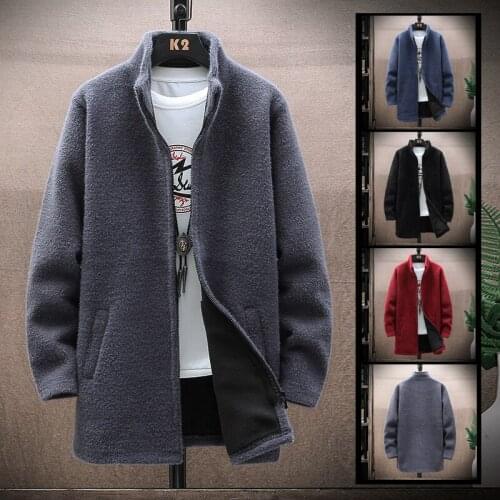 Autumn Korean Mens Fleece-lined Windbreaker Thick Long Trench Coat Solid Cardigan Casual Sweater Coats Male 4 Color M-3XL 6626