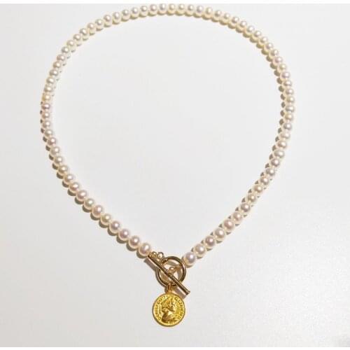 Lily Jewelry Genuine Freshwater Pearl 5-6mm Choker Necklace Vintage Coin Pendant 925 Sterling Silver Wedding Jewelry Women Gift