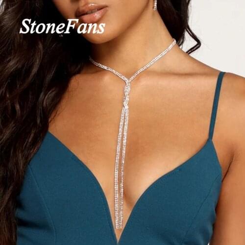 Stonefans Long Bohemian Rhinestone Tassel Necklace Choker for Women Twisted Irregular Double Layer Necklace Fashion Jewelry