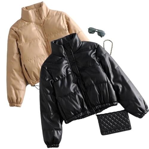 Sexy Lady Winter Thick Warm Short Parkas Women Fashion Black PU Leather Coats Female Elegant Zipper Cotton Jackets