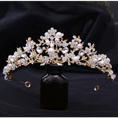 Initial Baroque Vintage Gold Leaf Branch Bridal Tiaras Crown Headband Shiny Pearl Rhinestone Pageant Crowns Wedding Hair Jewelry