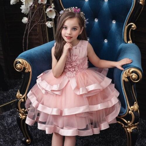 Retail Kids Girl Summer Dresses For 12M-8 Year Girls 3D flowers tiers Dresses Children Girl Christmas Wedding Dress L5050