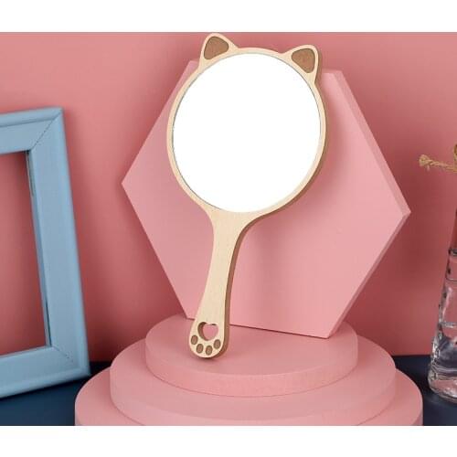 Hand Mirrors Wood Creative Design Makeup Handheld Cosmetic Mirror with Handle Makeup Mirror Cute Cat Ear Mirror