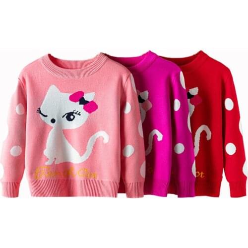 Cute Kitty Girls Sweaters Cotton Blend Autumn Fall Toddler Knitted Wear Winter Pullover Children Kids Clothes