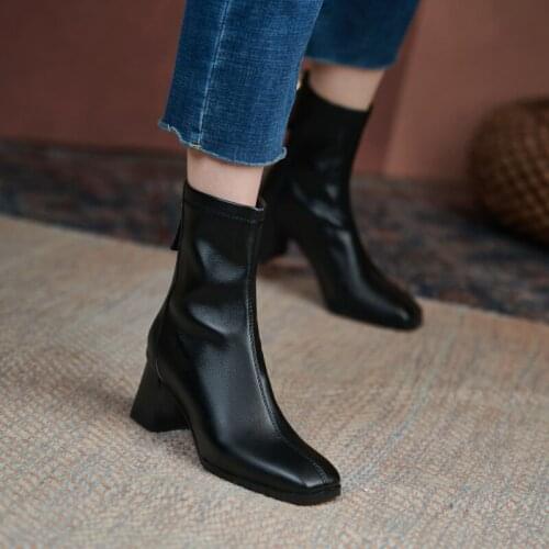 2022 Ankle Boots Women Boots Round Toe Slip On Short Boots Microfiber Fashion Square Heel Women Shoes Big Size 34-43