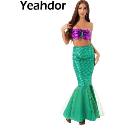 2pcs Women Shiny Mermaid Cosplay Costume Role Play Costume Outfit Strapless Padded Crop Top with Fish Scale Print Skirt Set