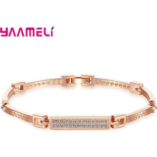 Simple 925 Sterling Silver Rose Gold Color Bracelet For Female Crystal Charm Bracelet Bridal Wedding Fine Jewelry Gift