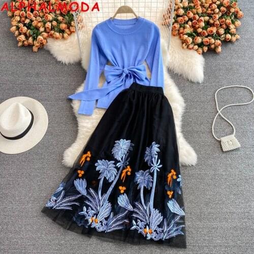 ALPHALMODA High Waist Embroidery Gauze Skirt + Long-sleeved Sashes Sweater Women Celebrity Style 2pcs Suit