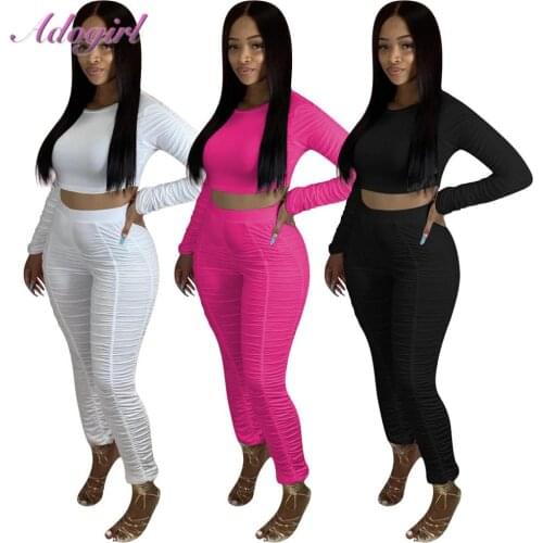 Women Tracksuit Soprty Two Piece Set Solid Long Sleeve Crop Tops T-Shirt Stacked Jogger Pants Suit Outfit Bikers Matching Set