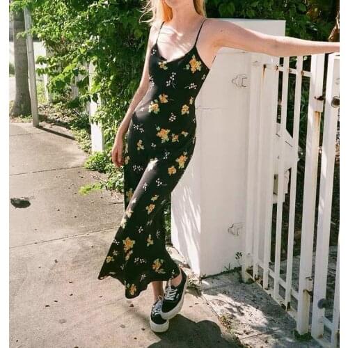 Women Dress French Simple Smooth Curve Cut Silk Bellflower Print Suspender Long Dress