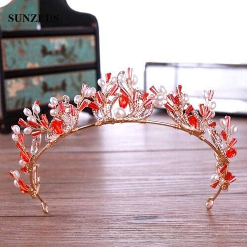 Gold Bridal Headband With Red Beads Wedding Party Crowns Bride Tiaras 2019 Couronne De Mariage SQ0339