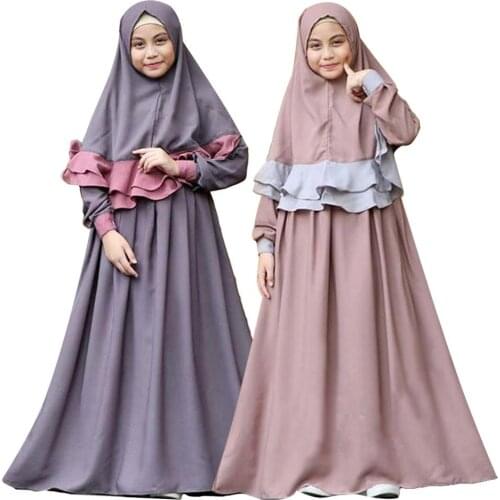 2PCS Traditional Flowers Kids Clothing Fashion Child Abaya Muslim Girl Dress Jilbab Abaya Islamic Children Hijab Dresses Sets