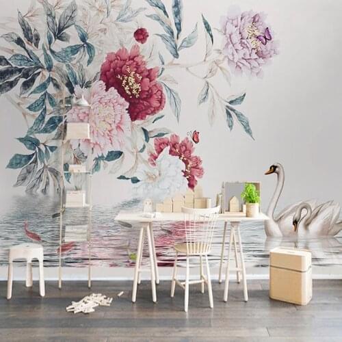 Custom 3D Wall Mural Wallpaper Hand Painted Creative Abstract Peony Flower Swan Photo Wall Papers Home Decor Living Room Bedroom