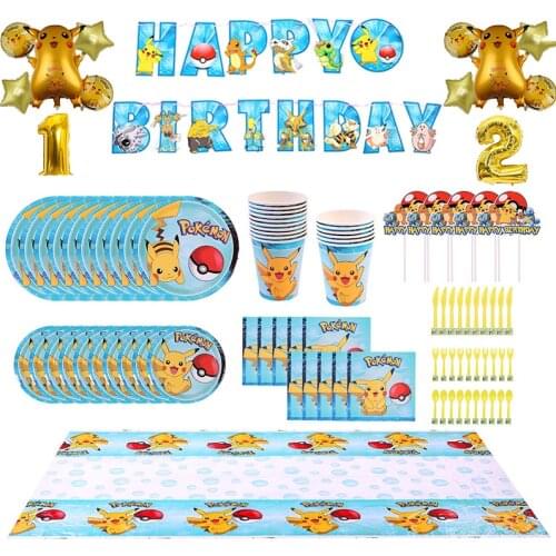 Pokemon Pikachu Boy birthday party supplies Disposable tableware tablecloth Paper cup plate balloon Baby Shower Decoration set
