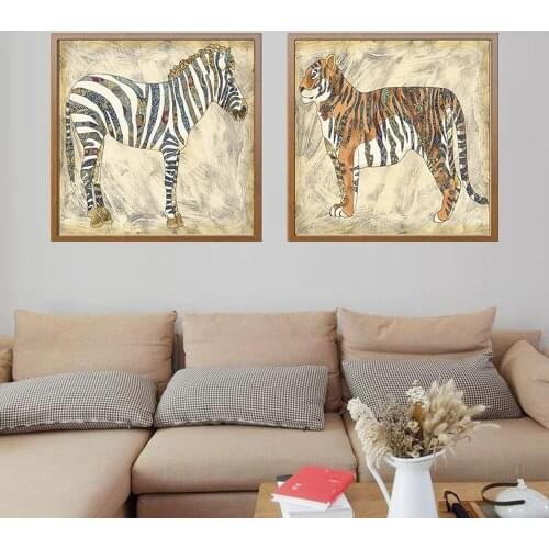 Retro Animal Print Canvas Painting Creative Tiger Lion Elephant Zebra Posters Combination Decor Painting Picture For Living Room