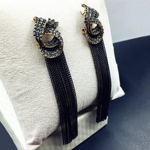 Hot Luxury Black Rhinestone Vintage Tassel Earrings Drop Earring For Women Party Jewelry Metal Chains Long Dangle Earrings