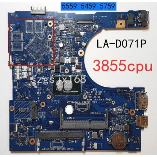 NOVA marca PARA Dell INSPIRON 15 5559 5459 5759 Motherboard AAL15 LA-D071P SR2EV CELERON 3855U DDR3L CN-0PW46V PW46V 100% testad