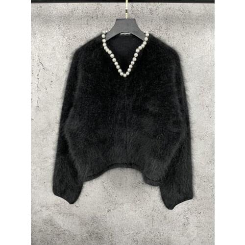 Fashion 2021 new ladies long-sleeved sexy casual solid color V-neck pearl sweater 0118