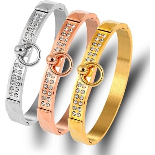 Fashion Zirconia Crystals Bangle Stainless Steel Rivet Bangles Pyramid Bracelets & Bangles for Women Brand Jewelry