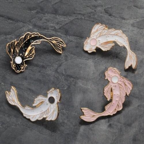 Cartoon fish Brooch Black White Pink Goldfish Carp Koi Enamel Lapel Pin Badge Hat Backpack Clothes Accessories Gift for Girl Boy