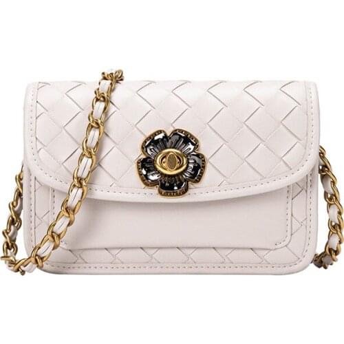 2021 New Fashion Chain Satchel for Women Simple PU Leather Woven Square Messenger Bag Flower Button Charm Crossbody Satchel Gift