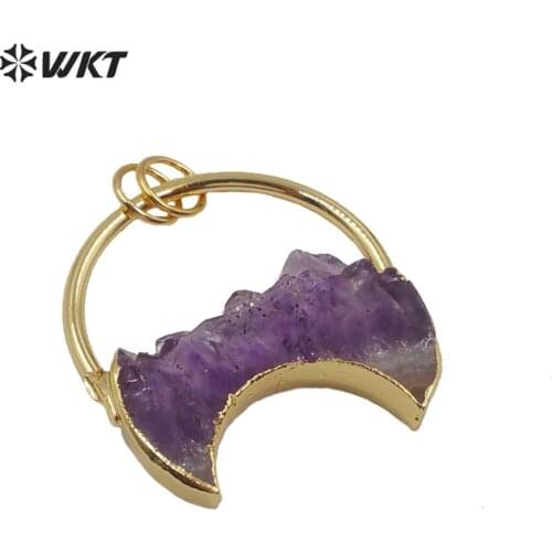 WT-P1534 New amazing precious natural stone pendants gold welding ring crescent horn a methyst stone pendants jewelry horn style