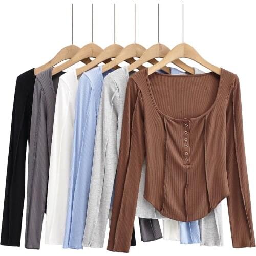 Fall fashion long sleeve top white sexy autumn vintage t shirts for women black crop top cute punk button up tops exposed seams