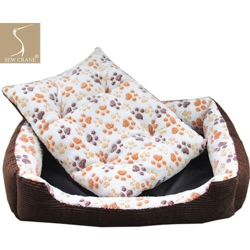 SewCrane Corduroy Flannel Puppy Cuddle Removable Cushion Dog/Cat Sleeping Bed with Removable Heating Pad, Dog Paws