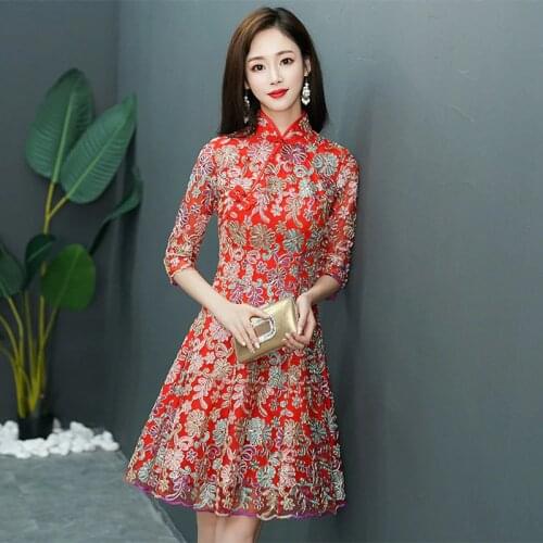Traditional Lady Chinese Style Daily Red Vintage Bride Wedding Party Qipao Mandarin Collar Cheongsam Stage Show Clothing XS-3XL