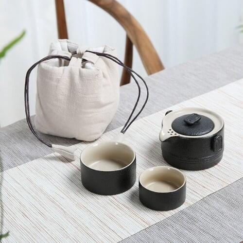 Black Pottery Convenient Tea Cup Set Ceramic One Pot Two Cups Japanese Style Cloth Bag Travel Tea Set Portable