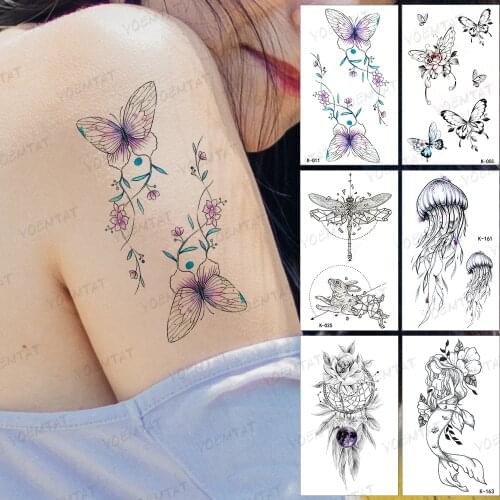 Waterproof Temporary Tattoo Sticker Sea Jellyfish Flash Tatoo Purple Butterfly Universe Arm Wrist Fake Tatto For Body Art Women