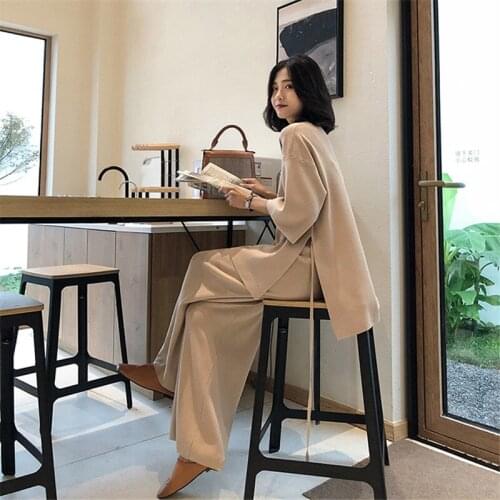 Knitting Female Sweater Pantsuit For Women Two Piece Set Pullover V-Neck Long Sleeve Bandage Top Wide Leg Pants Suit