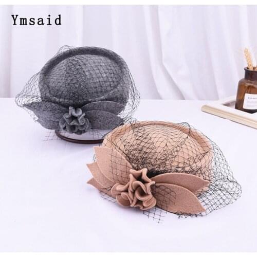Ymsaid 100% Wool Felt Berets Women Autumn And Winter Party Gauze Flower Formal Hat Banquet Elegance Woolen Hats
