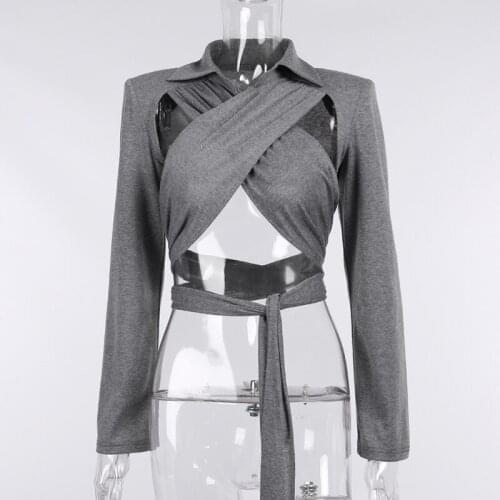 Hot Girls Women Cotton Long Sleeve Hollow Out Bandage Sexy Tee Turn Down Collar Cropped Shirts Female Clothes Wrap Chic 2021 Top