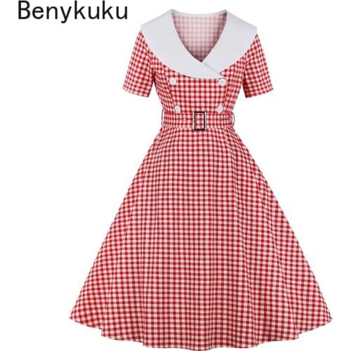 Double Breasted 1950s Rockabilly Retro Plaid Dress High Waist Women Vintage A Line Cotton Tunic Short Sleeve Swing Midi Dresses