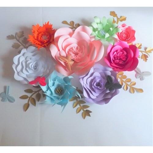 2018 Artificial Giant Paper Flowers Backdrop 8PCS+Leaves 7PCS+Butterflies 5PCS For Wedding & Event Decor Baby Nursery Shower