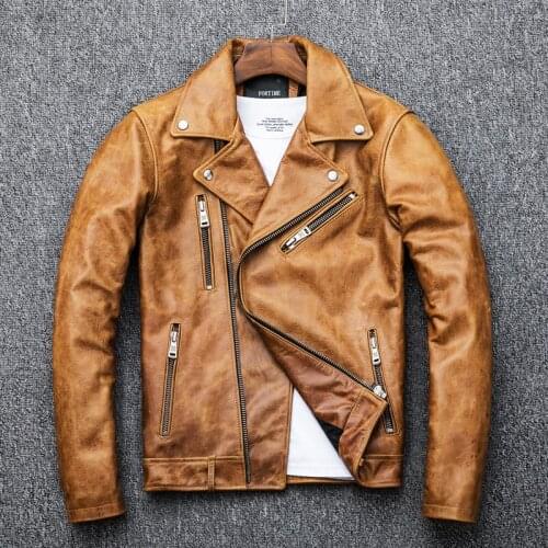 2021 Vintage Real Cow Leather Jacket Yellow Motorcycle Jacket Men Genuine Leather Coat Korean Clothes Veste Cuir Homme WPY2467