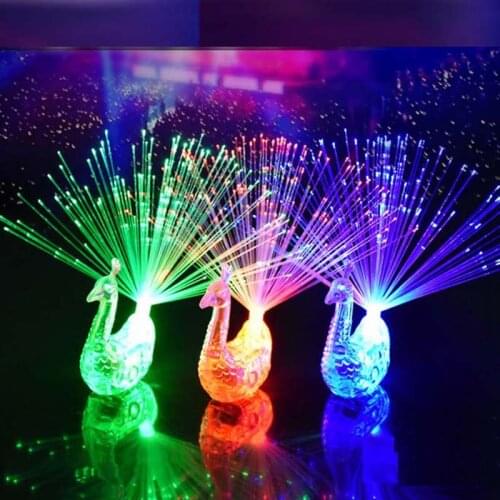 24pcs LED Ring Finger Flashing Light Up Fiber Optic Party Favors Glow Peacock Toys Finger Torch
