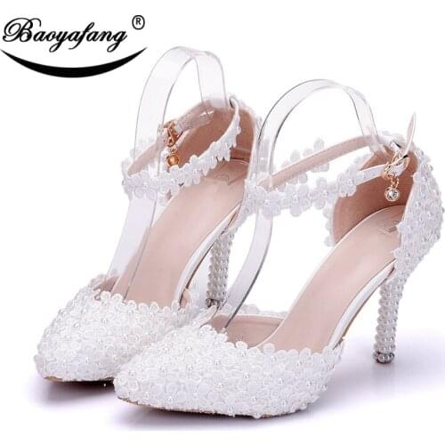 BaoYaFang White Flower Ankle Strap Shoes Woman Buckle shoe Pearl Wedding shoes Bride Lace-Up Ladies Party dress Pumps female