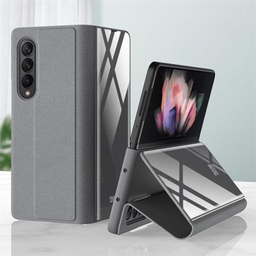Leather Flip Case For Samsung Galaxy Z Fold 3 5G Cover Patterned tempered glass Hard Back Anti-knock Case