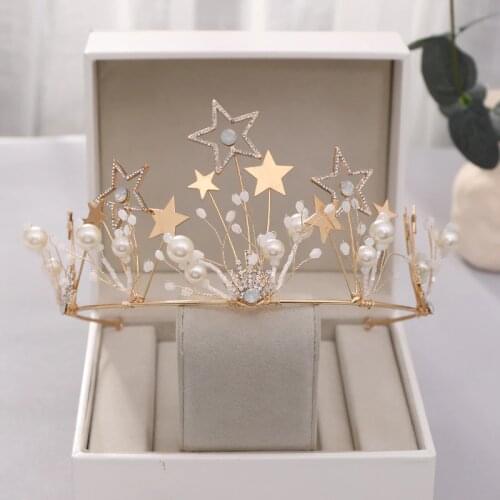 Gold Tiaras And Crowns Pearls Stars Wedding Hair Accessories For Queen Princess Party Crystal Diadem Women Trendy Hair Jewelry