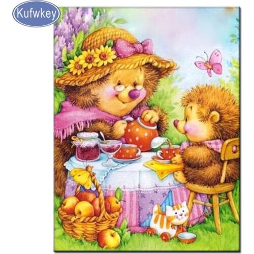 Diy 5d diamond painting novelties diamond embroidery"hedgehogs drinking tea"cross stitch diamond mosaic cartoon animal flowers