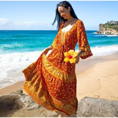 Jastie Bohemian Floral Print Long Dresses Summer V-neck Maxi Dress Women Female Hippie Beach Vintage Boho Vestidos Mujer Robe