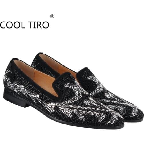 COOL TIRO Brand Men loafers Black Suede leather Rhinestones pattern Flame Square Toe Flats party Dress Shoes Casual men 2020