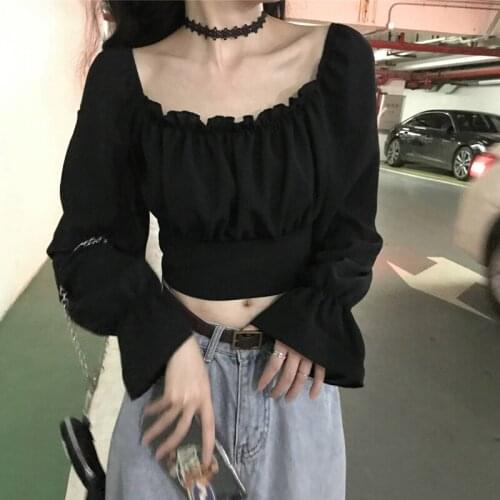 2021 dark series new solid color girl puff sleeve long sleeve T-shirt design sense square neck back tie short sexy navel exposed