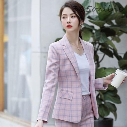 Fashion Pink Plaid Autumn Winter Formal Women Business Work Wear Blazers and Jackets Coat Long Sleeve Casual Ladies Outwear Tops